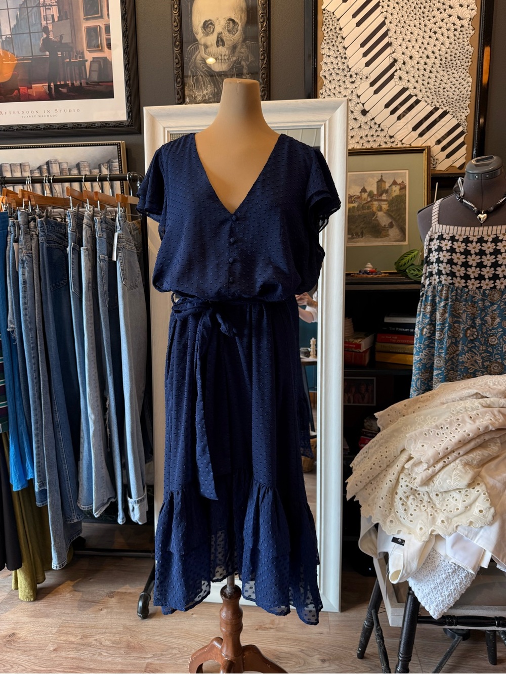 Women’s Navy V-Neck Tiered Maxi Dress with Tie Waist